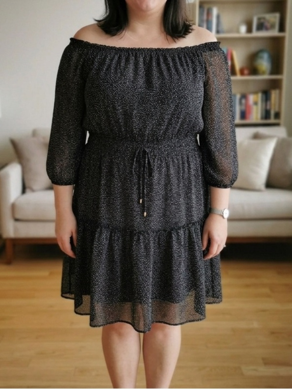 Tommy Hilfiger Black Long-Sleeve Tiered Peasant Dress with Tiny Dot Print 14